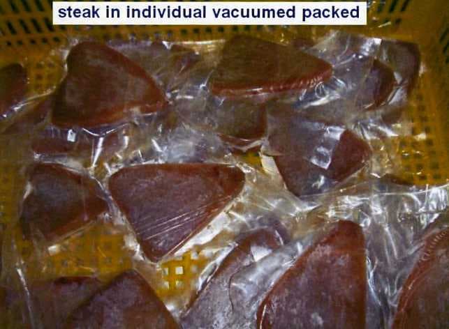 FROZEN YELLOWFIN TUNA (THUNNUS ALBACARES) LOIN AND STEAK, BEING FILLETS AND CUTS THEREOF, WITH THE SKIN AND BACKBONE REMOVED. INDIVIDUAL STEAKS ARE VACUUMED PACKED.