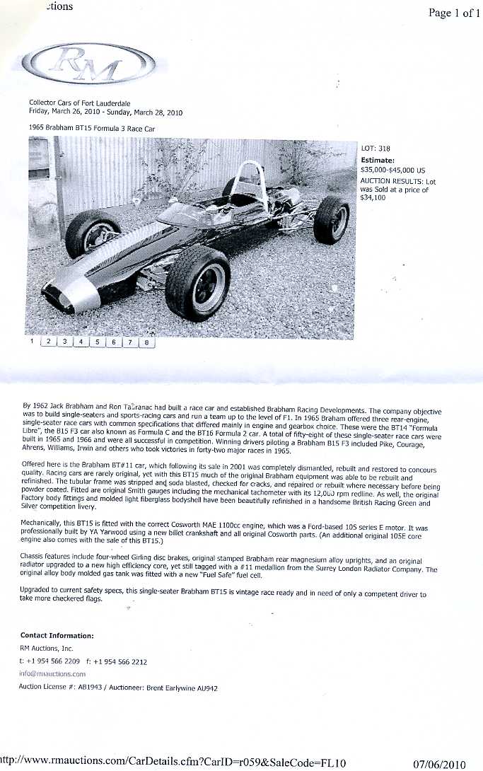 1965 BRABHAM BTI5 FORMULA 3 RACE CAR CHASSIS BTII. 1100CC ENGINE.