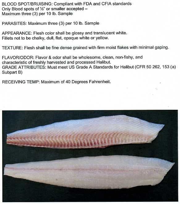PACIFIC HALIBUT (ALSO KNOWN AS ALASKAN HALIBUT) FILLETS. SPECIES: HIPPOGLOSSUS STENOLEPIS. FILLETS ARE FRESH AND CHILLED, SKINLESS AND BONELESS. FILLET SIZE/WEIGHT: 2.0 POUNDS AND OVER.