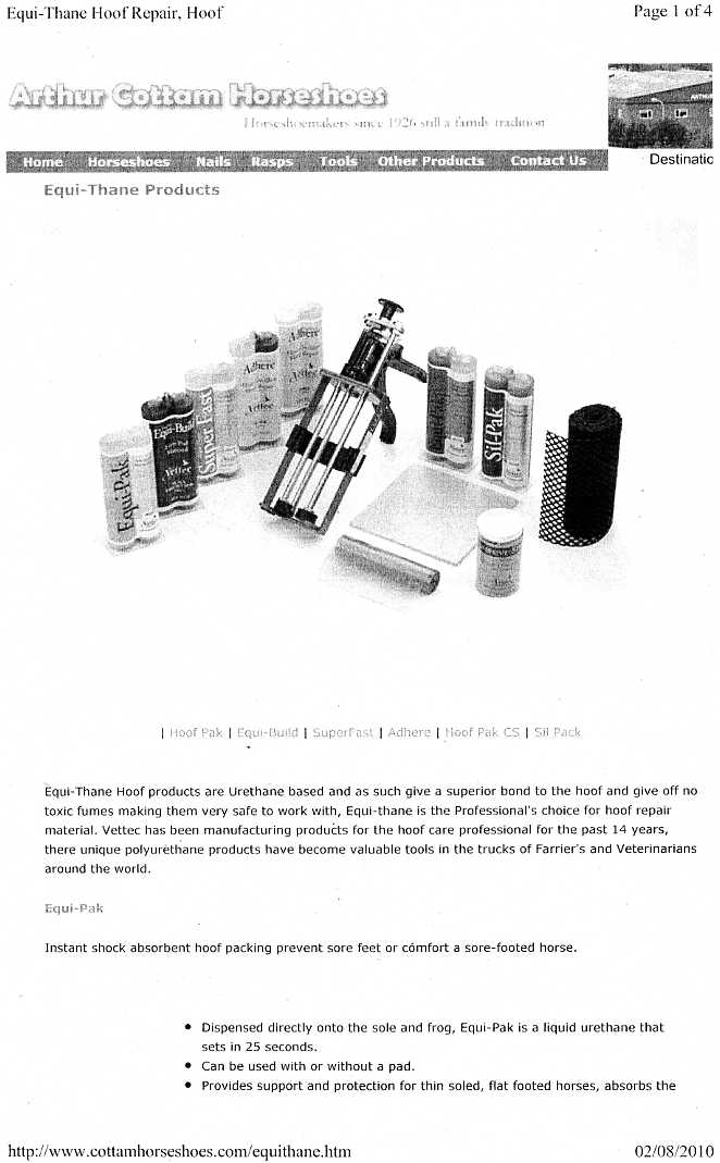 A TWO COMPONENT HOOF REPAIR PRODUCT USED BY VETS AND FARRIERS.  THE PRODUCT CONTAINS POLYETHER POLYOL AND POLYOXYALKYLENEAMINE WHICH ARE CONTAINED IN SEPARATE PLASTIC TUBES. THEY ARE MIXED TOGETHER TO FORM A REPAIR TO CRACKS, SPLITS IN THE HOOF WALL.  THE PRODUCT CAN ALSO BE USED TO PROVIDE PADDED SUPPORT TO THE SOLE OF THE HOOF  WHILST ENABLING THE NATURAL MOVEMENT OF THE SOLE.