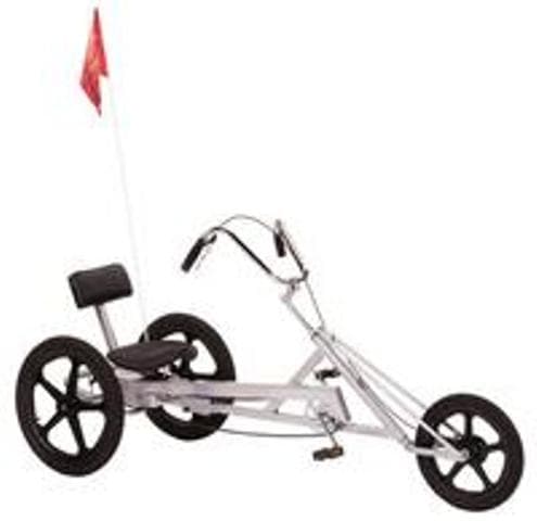 A THREE-WHEELED CYCLE HAVING PEDAL AND CHAIN DRIVE TO THE REAR WHEELS. WHEEL SIZE 16 INCH FRONT AND 20 INCH REAR. HAVING A SQUARE TUBE, HEAVY DUTY MAIN FRAME SUPPLYING RUGGED PERFORMANCE. WITH CHROME CHOPPER HANDLEBARS AND EXTENDING FRONT STRUTS. FRONT WHEEL BAND BRAKE AND REAR WHEEL COASTER BRAKE. QUICK RELEASE, FULLY ADJUSTABLE WESTERN-STYLE SEAT WITH CONTOURED BACK SUPPORT.