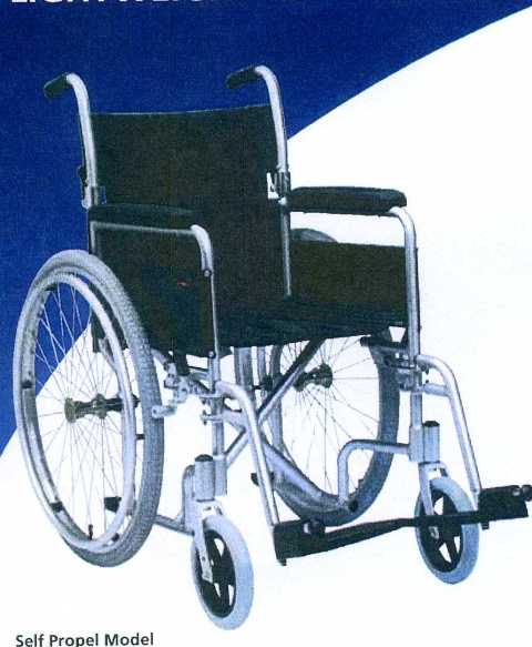 SELF PROPELLED WHEELCHAIR WITH ALUMINIUM FOLDING FRAME AND FABRIC SEAT AND BACK. WHEELCHAIR CAN BE PROPELLED EITHER WHEELCHAIR OCCUPANT OR CARER. MODEL FEATURES INCLUDES QUICK RELEASE ALUMINIUM 24 INS WHEELS WITH HAND RIM AND GREY PNEUMATIC TYRES, WEIGHS 8.5KG IN CARRY FORMAT AND 14.5KG IN TOTAL.
