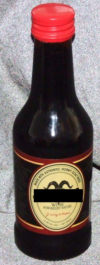 FERMENTED WINE OF FRESH GRAPES. ABV 13.3%. WITH ADDED GRAIN ALCOHOL, HORNY GOAT WEED, BOIS BANDE (HARD WOOD), SARLSPARILLA, GINSENG, GUARANA EXTRACT AND GINKO BILOBA. PRESENTED IN A 200ml BROWN GLASS BOTTLE WITH A PRINTED LABEL AND METAL SCREW CAP.