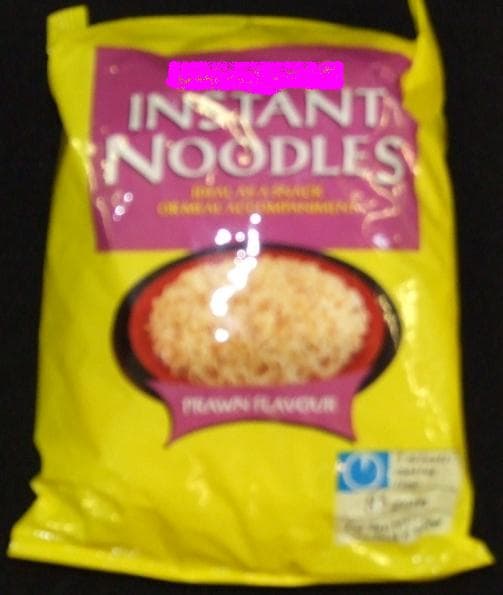 INSTANT NOODLES WITH A SACHET OF SEASONING. IN A 85g PACKET. INGREDIENTS INCLUDE NOODLES MADE FROM WHEAT FLOUR, PALM OIL, TAPIOCA STARCH, WATER, SALT, SUGAR, GARLIC POWDER, STABILISER GUAR GUM, CARBOXYLMETHLCELLULOSE. SEASONING SACHET SALT, PRAWN FLAVOURING, SUGAR, YEAST EXTRACT, GARLIC POWDER, GINGER POWDER, PEPPER, SWEET PEPPER POWDER, DRIED CARROTS, DRIED CHIVES.