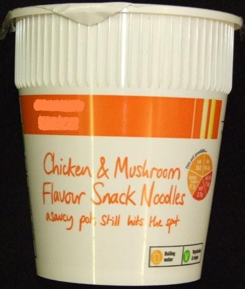 INSTANT DRIED NOODLES IN A POT. WITH A SACHET OF SEASONING. IN A 80g POT. INGREDIENTS INCLUDE NOODLES MADE FROM WHEAT FLOUR, PALM OIL, TAPIOCA STARCH, WATER, SALT, SUGAR, GARLIC POWDER, STABILISER GUAR GUM SEASONING SAUCE MIX SACHET POTATO STARCH, MALTODEXTRIN, CHICKEN FLAVOURING, MUSHROOM FLAVOURING, MUSHROOM POWDER, DRIED MUSHROOM, SALT, SUGAR, TEXTURED SOYA PROTEIN, DRIED SWEETCORN, DRIED CHIVES, GINGER, TURMERIC.