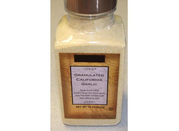 GRANULATED CALIFORNIAN GARLIC.  MADE FROM 100% CALIFORNIAN-GROWN FRESH GARLIC THAT HAS BEEN DEHYDRATED AND MILLED TO SIZE.  PACKAGED FOR RETAIL SALE IN A TRANSPARENT PLASTIC JAR WITH A BRONZE COLOURED SCREW-TOP.  EACH JAR CONTAINS 510 GRAMS (NET).