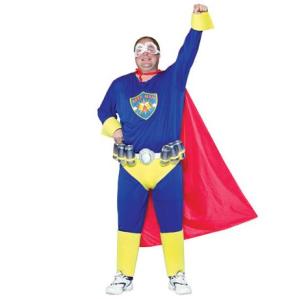 A KNITTED CAPE, DESIGNED TO COVER THE BACK FROM NECK TO BACK OF THIGH.  WITH TIE FASTENING AT NECKLINE AND HEMMED EDGES.  MADE OF RED KNITTED POLYESTER. PACKAGED AS PART OF A NOVELTY COSTUME REPRESENTING A SUPERHERO AS A "BEER MAN" WITH A BLUE LONG SLEEVED T-SHIRT, A PAIR OF BLUE ELASTICATED LOOSE LONG PANTS, A PAIR OF YELLOW PANTS/COD PIECE, YELLOW LEG AND ARM CUFFS AND A PAIR OF GOGGLES (CLASSIFIED SEPARATELY).  THE COSTUME IS SOLD IN A TRANSPARENT BAG WITH HANGING HOOK AND A CARDBOARD DISPLAY LABEL, AS A COMPLETE COSTUME AND CANNOT BE SOLD AS INDIVIDUAL ARTICLES.