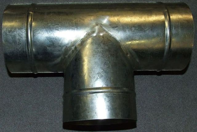 RIGID T PIECE TUBE FITTING . THE PRODUCT IS USED TO CONNECT DUCTING TOGETHER.  THE DUCTING IS CONNECTED TO THE FITTING NOT BY  BY WELDING BUT BY DUCT CLAMPS. THE FITTING IS MADE FROM GALVANIZED IRON BOARD AND HAS AN EXTERNAL DIAMETER OF 100MM.  THE PRODUCT IS NOT CONSIGNED FROM TAIWAN, INDONESIA, SRI LANKA OR THE PHILIPPINES.