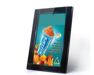 A DIGITAL ALL-IN-ONE DIGITAL SIGNAGE DISPLAY.  DELIVERS DVD QUALITY VIDEO CONTENT IN A COMPACT FRAME WHICH CAN BE PLACED ANYWHERE.  UNIT INTEGRATES A MEDIA PLAYER, HIGH BRIGHTNESS DISPLAY, EXPANDABLE LOCAL STORAGE AND WIRELESS NETWORK CONNECTION.  SPECIFICATIONS:

SCREEN MEDIA STANDARDS SUPPORT:
Image: JPEG baseline, up to 12 Megapixels; Audio: MPEG L2 or MP3, up to 384Kbps; Video: MPEG-1 or MPEG-4 ASP, 720 x 480 @ 4Mbps; NOTE: MPEG 2 video not supported, 16:9 wide aspect ratio content recommended).

USER INTERFACE/SCRIPTING LANGUAGE:
Manager Express configuration utility; SMIL Open API.

OPTIONAL MANAGEMENT SOLUTION:
Scala Content Manager 5 Release 5 (player licence not included).

DIGITAL SIGNAGE FEATURES:
Auto-play starts playing schedules contents automatically when power is re-established; Automatic error recovery with built-in WDT; Real-time clock keeps time for you up to 1 year unplugged; Automatic NTP keeps time and date in sync.

DISPLAY AND SOUND:
10.1" TFT LCD wide aspect ratio; 320 nits maximum brightness; 800 x 480 native resolution (does not have an aspect ratio of 1:1, 4:3, 5:4 or 16:10); Built-in stereo speakers 1.5Wx2.

LOCAL STORAGE:
Internal 2GB local storage (approx. 60 minutes of maximum quality video @ 4Mbps or thousands of still images); Memory expansion port: Compact Flash Card (CF) Type II, Secure Digital (SD and SDHC); Card capacity: Up to 8GB (SDHC / CF).

NETWORK CONNECTIVITY AND I/O PORTS:
Wi-Fi: IEEE 802.11 b/g; Wi-Fi Security: WPA/WPA2, TKIP/AES; Ethernet: RJ45 Port via USB dongle (option); USB storage host (Type A); 3.5mm stereo audio out jack.

SUPPLIED ACCESSORIES:
Software CD; Quick start guide; AC power adapter; Display Stand.

OPTIONAL ACCESSORIES:
Vesa mounting kit; USB to RJ45 Ethernet adapter.

DIMENSIONS:
Main unit (W x H x D): 271 x 185 x 29 mm / 10.6" x 7.28" x 1.14"; WEIGHT:
680 grams / 1.5 pounds.

POWER SUPPLY:
Rating: 5V 2A.