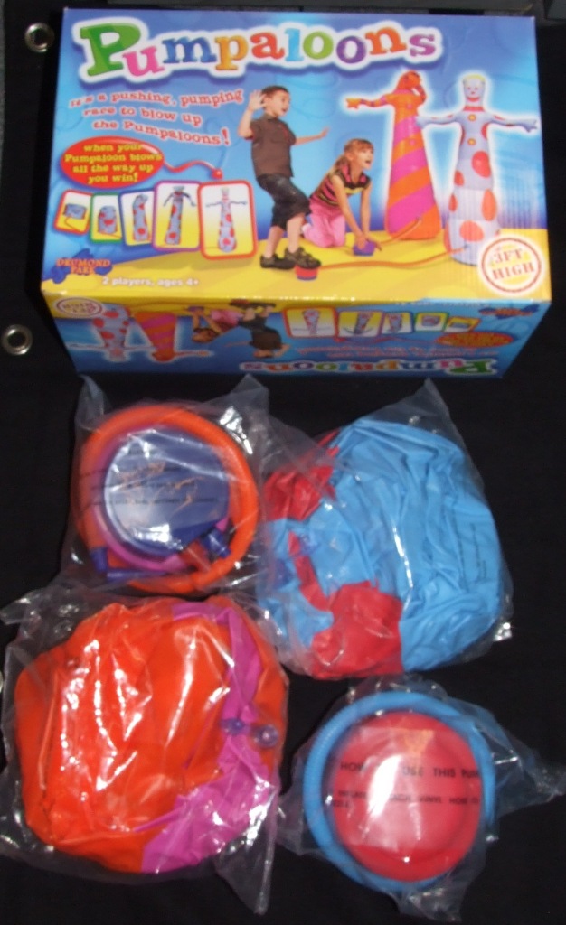 AN INFLATABLE TOY WHERE THE OBJECT OF THE GAME IS TO RACE TO PUMP UP THE INFLATABLES AND WHEN PUMPED UP THE TOY WILL WHISTLE DENOTING THE WINNER. FOR CHILDREN 4 YEARS PLUS. THE CONTENTS INCLUDE: 2 X INFLATABLE CHARACTERS AND 2 X PUMPS. PACKAGED IN A PRINTED CARDBOARD BOX, PUT UP FOR RETAIL SALE.