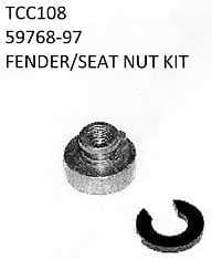 A CHROME PLATED STEEL NUT WITH SPLIT WASHER FOR USE IN FIXING TO THE SEAT AND FENDER ON A HARLEY DAVIDSON MOTORCYCLE.