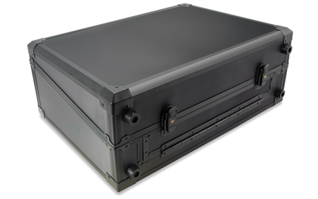 CD MIX CASE. A FLIGHTCASE CONSTRUCTED OF MAINLY ABS (ACRYLONITRILE BUTADIENE STYRENE) PLASTIC WITH AN ALUMINIUM FRAME AROUND THE EDGES. USED FOR PROTECTING A CD PLAYER WHILST IN TRANSIT.