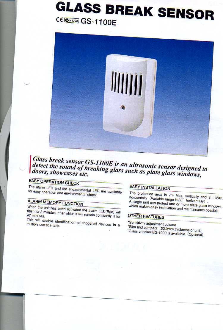 GLASS BREAK SENSOR. ULTRASONIC SENSOR DESIGNED TO DETECT AND RESPOND TO THE SOUND OF BREAKING GLASS FROM AN INTRUDER. CAN BE USED FOR PLATE GLASS WINDOWS, DOORS, SHOW CASES AND SIMILAR ITEMS. IT IS LINKED TO AN ALARM PANEL, WHERE THE NOISE OF THE BREAKING GLASS TRIGGERS THE SENSOR TO SEND A RELAY BACK TO THE MAIN PANEL. THE NOISE IS PICKED UP BY AN ULTRASONIC MICROPHONE. THE SENSOR IS MOUNTED ON EITHER A CEILING OR A WALL, AND THE PROTECTION AREA IS A MAXIMUM OF 7 METRES VERTICALLY, AND 8 METRES HORIZONTALLY.