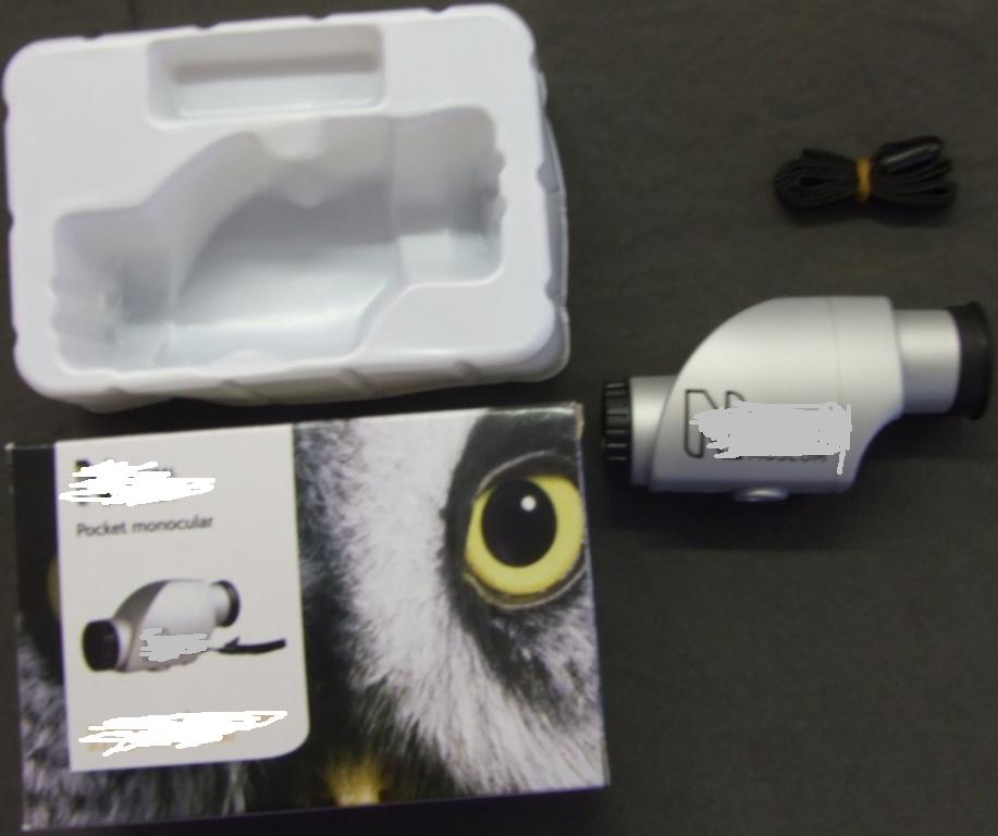 POCKET SIZE MONOCULAR. WITH RUBBERISED BODY.WITH 5 X MAGNIFICATION. PLASTIC LENSES.WITH ADJUSTABLE FOCUS WHEEL ON THE OBJECTIVE LENS.WITH HAND STRAP. MEASURES APPROXIMATELY - DIAMETER 2 (CMS) AND LENGTH 9 (CMS). PACKAGED IN A PRINTED PAPERBOARD BOX. WITH INSTRUCTIONS.