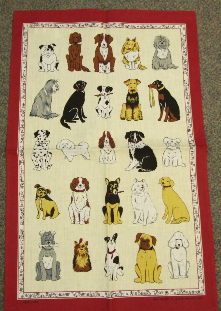 A WOVEN LINEN TEA TOWEL. WITH PRINTED DESIGN OF DIFFERENT BREEDS OF DOGS. DIMENSIONS APPROX 72.5CM LENGTH X 48CM WIDTH. HEMMED.