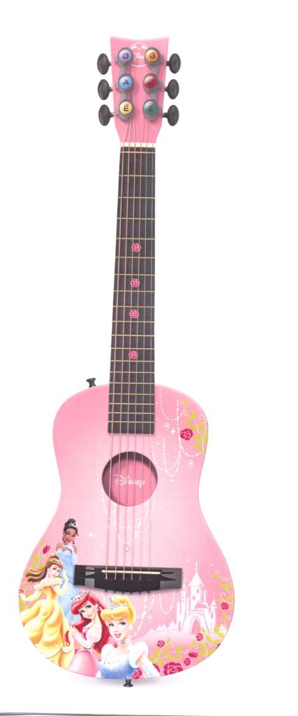 TWO CHILDRENS ACCOUSTIC GUITARS, ONE A PRINCESS AND THE OTHER A CAR. WITH A STRAP AND PICKS FOR USE ON THE GUITAR. MEASUREMENTS 12.13 INCHES W X 3.13 INCHES D 32.38 INCHES H.