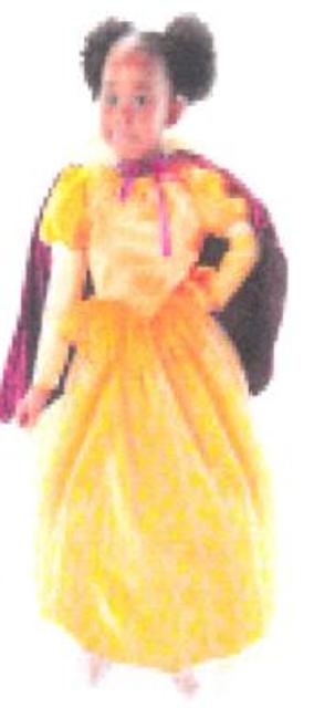 A WOVEN POLYESTER TWO LAYERED SKIRT(FANCY DRESS) FOR CHILDREN. WITH ELASTIC WAIST. CONSISTING ON THE FRONT OF YELLOW SHEER WOVEN POLYESTER ORGANZA PRINTED WITH YELLOW FLOWERS, AND ON THE BACK YELLOW WOVEN POLYESTER ORGANZA OVER A WOVEN POLYESTER LINING.  INTENDED TO COVER THE BODY FROM THE WAIST TO THE ANKLE. WITH  OVERLOCKED HEM. THE SKIRT IS PART OF A NUMBER OF ITEMS PACKED TOGETHER IN A STORAGE CHEST CONTAINING DRESSING UP CLOTHES AND JEWELLERY WHICH HAVE ALL BEEN CLASSIFIED SEPARATELY.