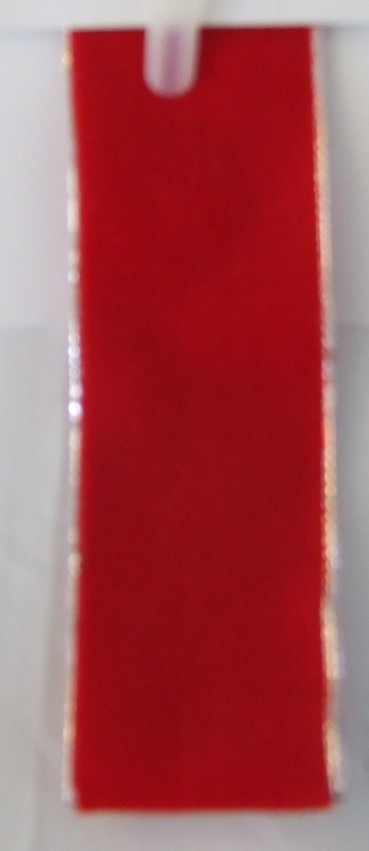 ORNAMENTAL TRIMMING. RED WOVEN NARROW PILE FABRIC. WITH AN ORNAMENTAL BORDER ALONG BOTH EDGES OF SILVER METALLIC STITCHING. 40MM WIDE. 98.6% POLYESTER FABRIC. 1.4% METALLIC YARN. PRESENTED AS PART OF A MIXED SET OF KNITTED AND WOVEN TRIMMINGS AND RIBBONS. ALL CLASSIFIED SEPARATELY.