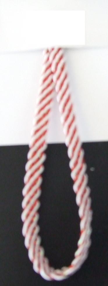 ORNAMENTAL TRIMMING. A DECORATIVE BRAID CONSTRUCTED OF WHITE GIMPED YARN AND SILVERY GREEN STRANDS INTERLACED DIAGONALLY WITH RED METALLIC STRANDS. 60.2% POLYESTER. 31.7% NYLON. 8.1% METALLIC YARN. PRESENTED AS PART OF A MIXED SET OF KNITTED AND WOVEN TRIMMINGS AND RIBBONS. ALL CLASSIFIED SEPARATELY.