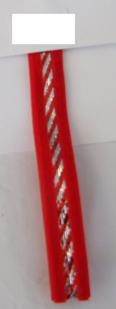 NARROW WOVEN FABRIC. A RED PILE RIBBON  INCORPORATING A RED AND SILVER WOVEN METALLIC STRIPE ALONG THE CENTRE. THE MAJORITY CONSISTING OF A WOVEN PILE FABRIC. WITH A REAL SELVEDGE. 17MM WIDE. 94.4% POLYESTER FABRIC. 5.6% METALLIC YARN. PRESENTED AS PART OF A MIXED SET OF KNITTED AND WOVEN TRIMMINGS AND RIBBONS. ALL CLASSIFIED SEPARATELY.