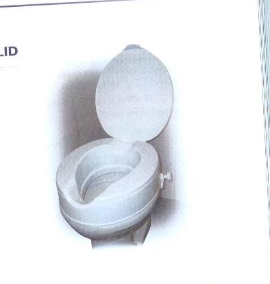 AN ELEVATED MOULDED PLASTIC TOILET SEAT WITH LID.  FEATURES INCLUDE: TWO HYGIENE CUTOUTS ONE AT THE FRONT AND ONE REAR OF SEAT AND TWO REAR LOCKS FOR ATTACHING TO EXISTING TOILET SEAT.  DIMENSIONS WIDTH 36CM/14 INCHES, DEPTH 41CM/16 INCHES AND HEIGHT 5CM/2 INCHES.