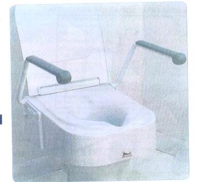 AN ELEVATED MOULDED PLASTIC TOILET SEAT WITH ARMRESTS.  FEATURES INCLUDE: TWO HYGIENE CUTOUTS ONE AT THE FRONT AND ONE AT THE REAR, NON SKID, ANTI-SLIP AND WIGGLE-PROOF, MAXIMUM LOAD CAPACITY OF 150KG, AND TWO REAR LOCKS FOR ATTACHING TO EXISTING TOILET SEAT.  DIMENSIONS WIDTH 56CM/22 INCHES, DEPTH 49CM/19 INCHES AND HEIGHT 12CM/5.5 INCHES.