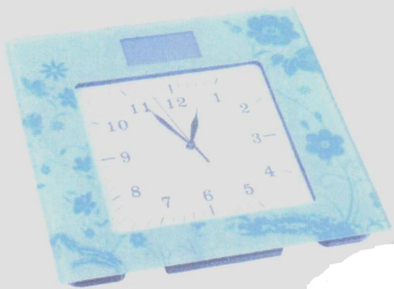 DIGITAL BATTERY OPERATED BATHROOM SCALES WITH INTEGRATED ANALOG CLOCK.  FEATURES AN LCD BACKLIGHT AND WEIGHS TO A MAXIMUM OF 150KG WITH AN ACCURACY OF 100 GRAMS.  MADE FROM A COMBINATION OF PLASTIC AND TEMPERED SAFETY GLASS.  PACKAGED FOR RETAIL SALE IN A PRINTED BOX