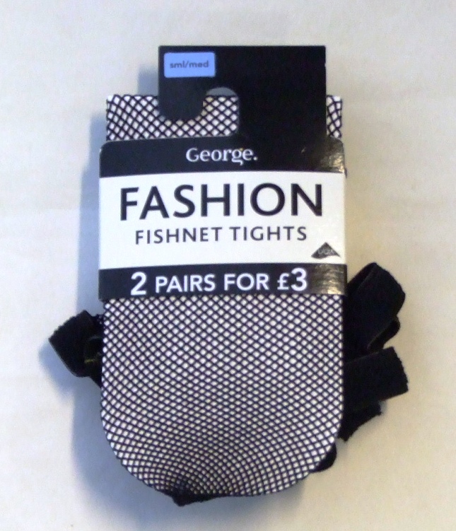 PACK OF 2 PAIRS OF LADIES FISH NET TIGHTS, SIZES S/M -L/XL. 82 % POLYAMIDE, 18% LYCRA/ELASTANE. PACKAGED IN A CARDBOARD SLEEVE. LESS THAN 67 DECITEX.
