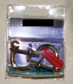 LARGE TASSEL BALL HOOKS. IN BRASS. USED TO HOLD CURTAIN TIE BACKS. WITH 2 RAWL PLUGS. PRESENTED IN PACKS OF 2 IN TRANSPARENT PACKAGING ON A PRINTED CARD BACKING.