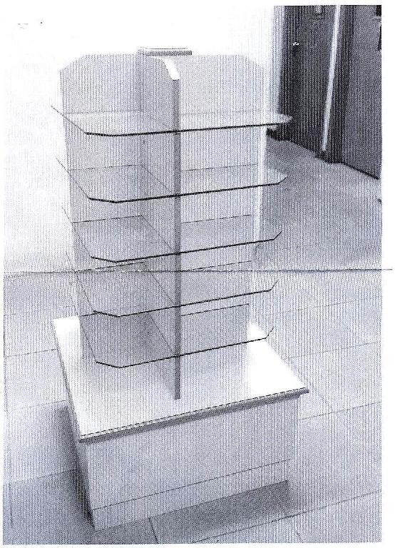 SHOP DISPLAY STAND. WITH WOODEN (MDF) UPTURNED BASE AND FRAME.OAK COLOURED FASCHIA.INCORPORATING FIVE TOUGHENED GLASS SHELVES. USED TO DISPLAY SHOPS PRODUCTS. FLAT PACKED IN A PAPERBAORD BOX .DIMENSIONS 1.4 M (H) X 650 MM (D) X 650 MM (W).WEIGHT 66KG.