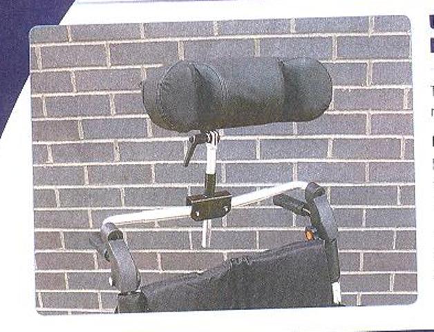 WHEELCHAIR HEADREST. SUITABLE FOR USE WITH MOST WHEELCHAIRS WITH PUSH UP HANDLES. FEATURES HEIGHT, WIDTH AND ANGLE ADJUSTMENT AND AN ADJUSTABLE PADDED HEADREST CUSHION.