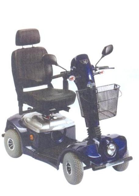 A MOBILITY SCOOTER WHICH IS A BATTERY POWERED ELECTRICAL PROPELLED CARRIAGE FOR DISABLED AND ELDERLY PEOPLE. IT HAS EASY TO USE CONTROLS AND A MAXIMUM SPEED OF 4MPH ON PAVEMENT AND 8MPH ROAD SPEED SETTINGS. WITH A TRAVEL RANGE OF UP TO 25 MILES. VEHICLE HAS 4  WHEELS  AND A REMOVABLE FRONT STORAGE BASKET. IT HAS A ROTATING SEAT WITH SLIDING AND RECLINING FACILITY AND WIDTH ADJUSTABLE ARMRESTS AND HEIGHT ADJUSTABLE HEADREST. A LARGE SEAT BACK STORAGE BOX AND A FACILITY TO FIT 70AH BATTERIES FOR LONGER RANGE. MAXIMUM WEIGHT CARRYING CAPACITY OF UP TO 136KG (21ST). WEIGHT 96KG (211LB).