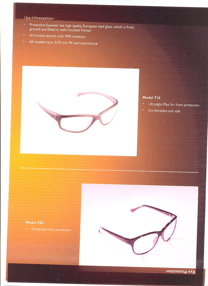 LEAD (PB) PROTECTIVE EYEWEAR GLASSES. PLASTIC FRAMES ARE FITTED WITH CORRECTIVE OR NON CORRECTIVE LENSES WHICH ARE MADE FROM LEAD (PB) GLASS. EACH PAIR OF GLASSES IS PRESENTED IN A PROTECTIVE FLIP TOP BOX AND EACH PAIR IS PROVIDED WITH A SOFT MATERIAL BAG AND LENS CLEANER. WORN BY THE PRACTITIONER UNDERTAKING VARIOUS RADIOLOGICAL (X-RAY) PROCEDURES TO HELP REDUCE THE DAMAGE POTENTIAL TO THE CORNEA.
