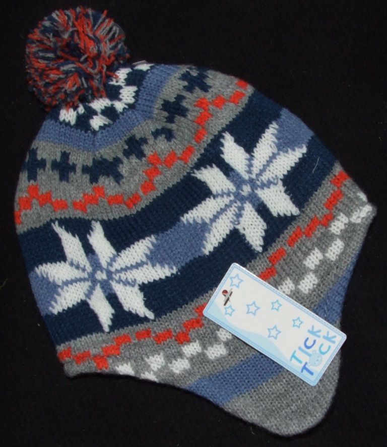 KNITTED INCA STYLE HAT WITH POM POM. FOR BABIES AGED 12 TO 24 MONTHS. OUTER IS 100% KNITTED ACRYLIC, LINING IS 100% POLYESTER.