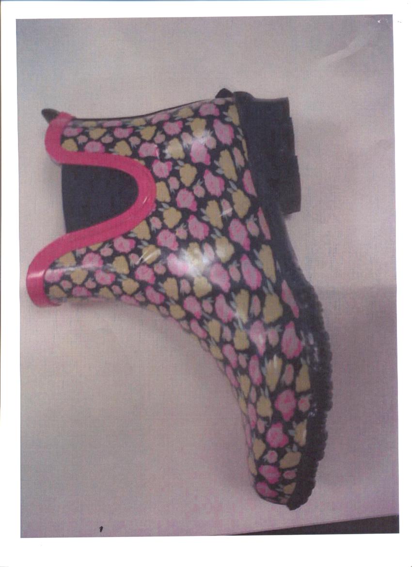 A LADIES WELLINGTON ANKLE BOOT. THE UPPER IS MADE OF PLASTIC WITH A PINK AND YELLOW FLOWER DESIGN WITH A BLACK BACKGROUND. THE SOLE IS MADE OF SYNTHETIC MATERIAL WITH A SMALL HEEL MEASURING 1 CM AND A DEEP GRIP. THE INSOLE LENGTH EXCEEDS 24CMS. THERE IS A LOOP AT THE BACK OF THE BOOT.