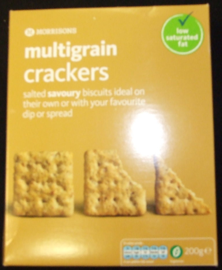 BAKED MULTIGRAIN CRACKERS. INGREDIENTS: WHEAT FLOUR, WHOLE GRAIN FLOUR, SUNFLOWER OIL, CANE SUGAR, WHOLEWHEAT FLOUR, OATS, SESAME SEEDS, CRACKED WHEAT, WHEAT BRAN, WHEY POWDER, HONEY, RAISING AGENT, SALT, MALT EXTRACT, WATER, RICE FLOUR, ONION POWDER, CALCIUM PHOSPHATE.  PACKAGED IN A CARDBOARD BOX