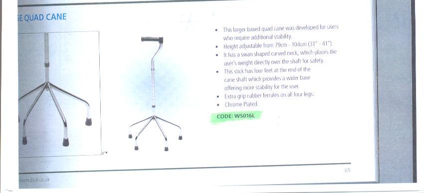 ADJUSTABLE WALKING STICK. WITH SWAN SHAPED CURVED NECK. THE STICK HAS FOUR FEET AT THE END OF THE CANE SHAFT WHICH PROVIDE A WIDER BASE OFFERING MORE STABILITY FOR THE USER. EXTRA GRIP RUBBER FERRULES ON ALL FOUR LEGS. CHROME PLATED. HEIGHT ADJUSTABLE FROM 79-104CMS