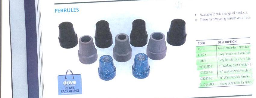 FERRULES OF VARIOUS SIZES. HARD WEARING TO FIT A RANGE OF WALKING STICKS AND CANES. GREY, BLACK OR BLUE SPARKLE IN COLOUR