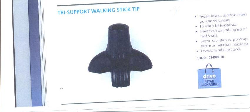 TRI SUPPORT WALKING STICK TIP. PROVIDES BALANCE AND STABILITY AND MAKES THE CANE SELF STANDING. BLACK IN COLOUR
