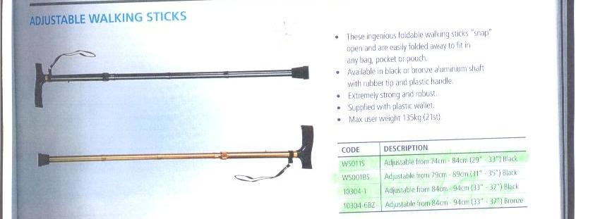 ADJUSTABLE WALKING STICK. FOLD AND SNAP OPEN. ALUMINIUM SHAFT WITH RUBBER TIP AND PLASTIC HANDLE.
