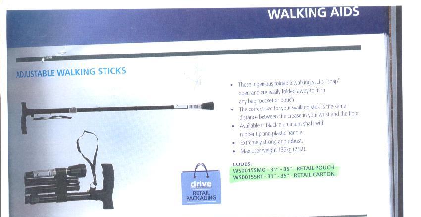 ADJUSTABLE WALKING STICK. FOLD AND SNAP OPEN. BLACK ALUMINIUM SHAFT WITH RUBBER TIP AND PLASTIC HANDLE. 31-35 INCHES