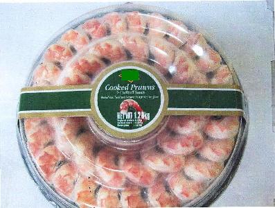 FROZEN COOKED PRAWN RING. WITH PEELED, DEVEINED, COOKED, FROZEN PRAWNS OF THE SPECIES PENEAU MONODON. INGREDIENTS INCLUDE PRAWNS, ICE GLAZE AND SALT. PRESENTED WITH A POT OF COCKTAIL SAUCE. INGREDIENTS INCLUDE WATER, TOMATO PASTE, SUGAR, HORSE RADISH, SALT, THICKENER (MODIFIED TAPIOCA STARCH, XANTHAN GUM, CARAGEENAN), VINEGAR, WORCESTERSHIRE SAUCE, CITRIC ACID AND SPICES (CHILLI,ONION, GARLIC, CLOVE, CELERY, CINNAMON). IN AIRTIGHT PLASTIC PACKAGING WITH PRINTED LABELLING. NET WEIGHT 1.28KG.