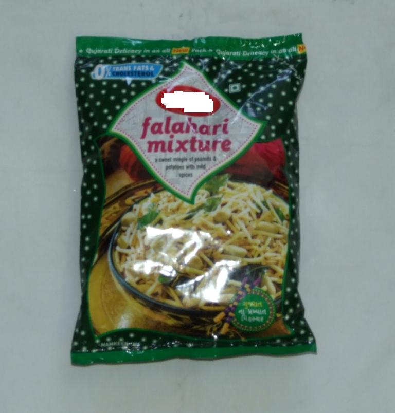 FALAHARI MIXTURE. A SWEET MIX OF PEANUTS AND POTATOES WITH MILD SPICES. INGREDIENTS INCLUDE PEANUTS 50%, POTATOES 20%, VEGETABLE OIL 20% AND SUGAR POWDER. PACKED IN 200G POLY POUCHES