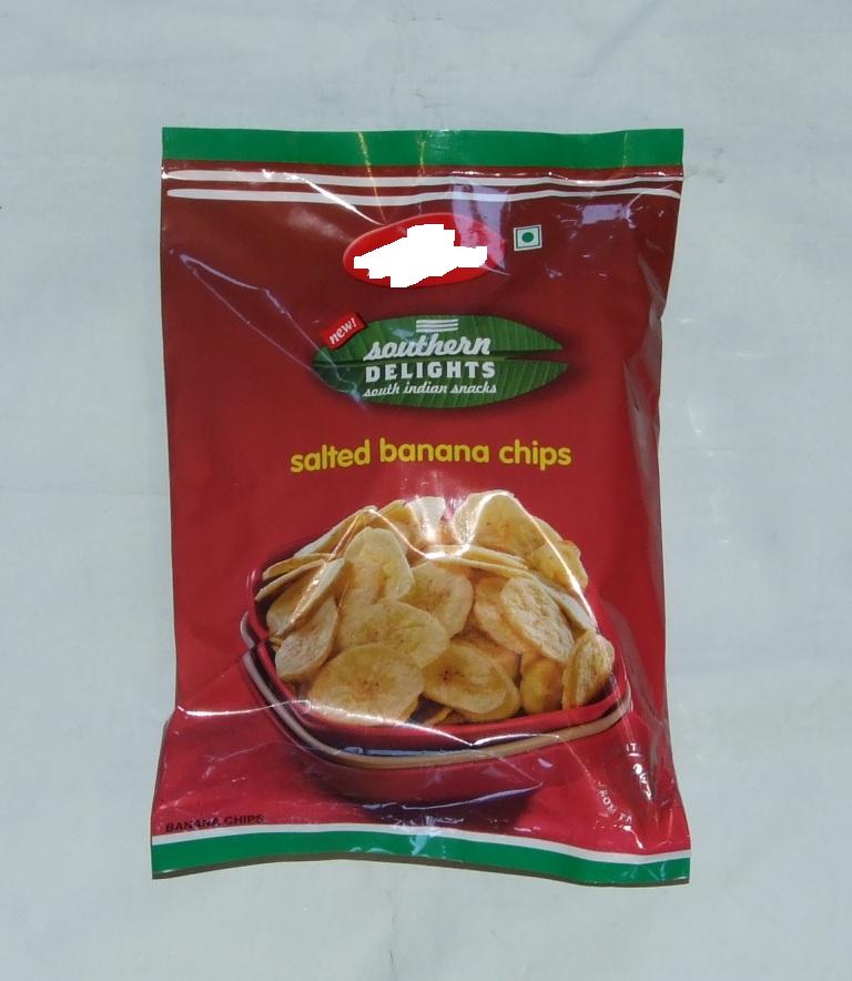 SALTED BANANA CHIPS, CRISP SLICES OF BANANAS COATED IN WARM SALT. INGREDIENTS; BANANA 61%, PALMOLEIN OIL AND SALT. PACKAGED IN 100G FOIL PACK.