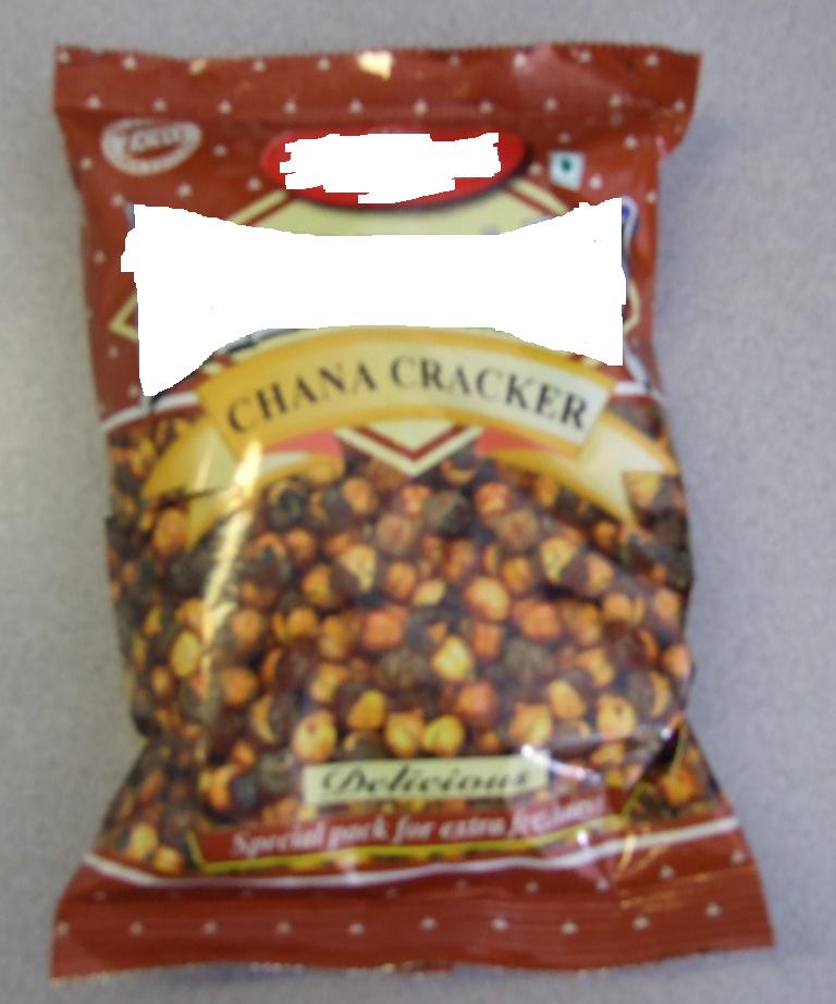 CHANA CRACKERS. READY TO EAT SPICY GRAM SNACK. INGREDIENTS INCLUDE BLACK GRAM 78%, VEGETABLE OIL (PEANUT AND CORN), SALT, CUMIN POWDER, MANGO POWDER AND CORIANDER POWDER.
