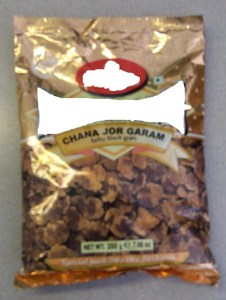 CHANA JOR GARAM. SPICY BLACK GRAM SNACK. INGREDIENTS INCLUDE BLACK GRAM 65%, VEGETABLE OIL(PEANUT AND CORN), SALT, CUMIN POWDER, MANGO POWDER, TURMERIC POWDER AND NUTMEG POWDER.  PACKAGED IN 200G POLY POUCHES.