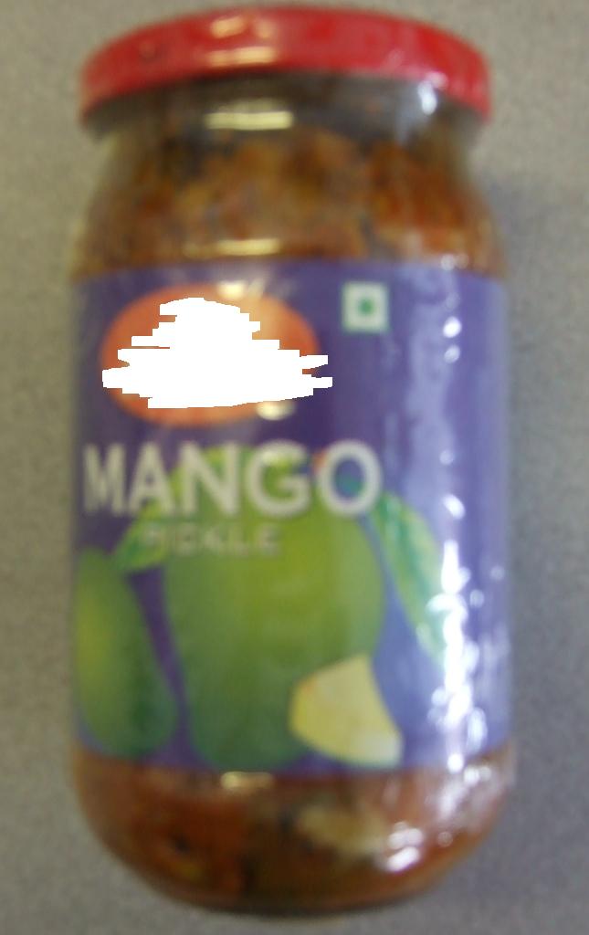 MANGO PICKLE. INGREDIENTS INCLUDE MANGO PIECES 65%, SALT 13%, VEGETABLE OIL 12.68%, FENUGREEK, MUSTARD, TURMERIC, CHILLI POWDER, FENNEL AND ACETIC ACID.