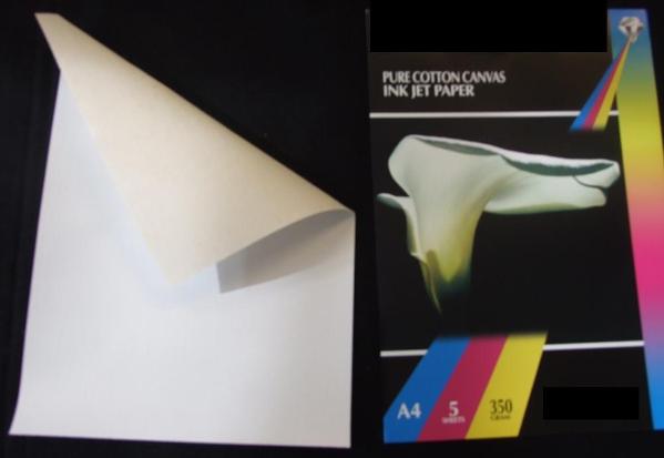 PURE COTTON CANVAS INK JET PRINTER SHEET. COATED ON ONE SIDE WITH Si02 FIXING AGENT. FOR USE IN INK JET PRINTERS. 350GSM. SUPPLIED IN SIZES A4 AND A3. PRESENTED IN CLEAR PLASTIC PACKAGING.