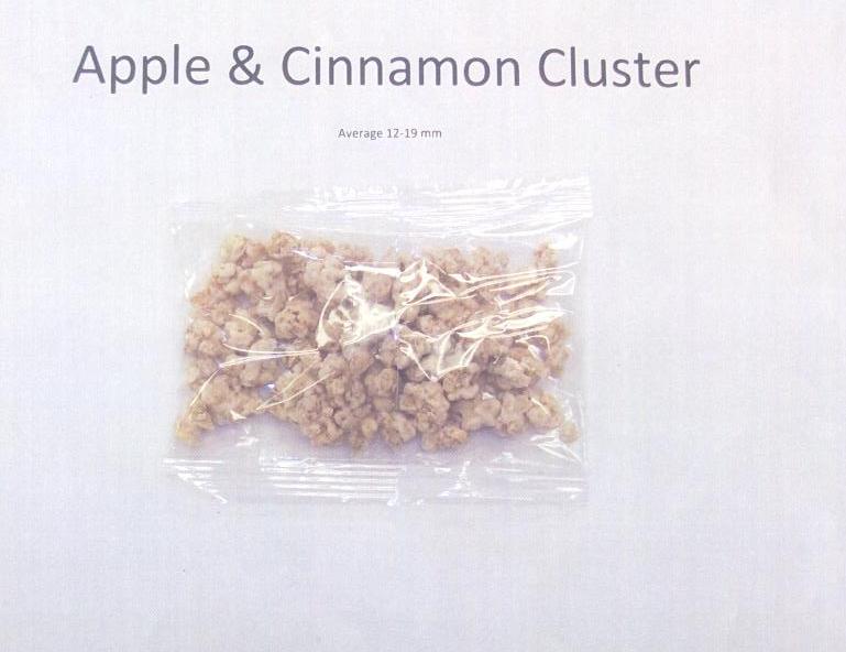 IRREGULAR SHAPED APPLE & CINNAMON CLUSTERS OF MAJORITY ROASTED CEREAL FOR USE AS A BREAKFAST CEREAL AND SNACK. INGREDIENTS: YOGHURT COMPOUND, OATS, MALT SYRUP, RICE CRISPIES, FD APPLE PIECES, SPECIAL K, SUGAR, WATER.