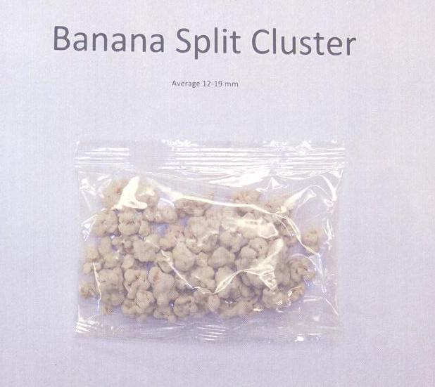 IRREGULAR SHAPED BANANA SPLIT CLUSTERS OF MAJORITY ROASTED CEREAL FOR USE AS A BREAKFAST CEREAL AND SNACK. INGREDIENTS: YOGHURT COMPOUND, OATS, MALT SYRUP, FD BANANA PIECES, RICE CRISPIES, FD SWEET CORN, SPECIAL K, SUGAR, OTHER.